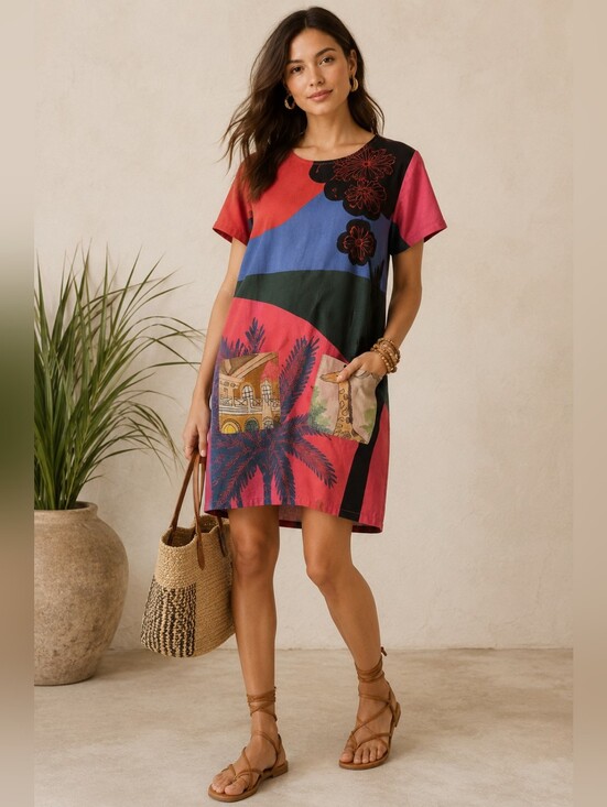 geisha designs Dresses & Skirts - Geisha Designs Safari Art Linen Blend Tunic Dress Embroidered Pockets S